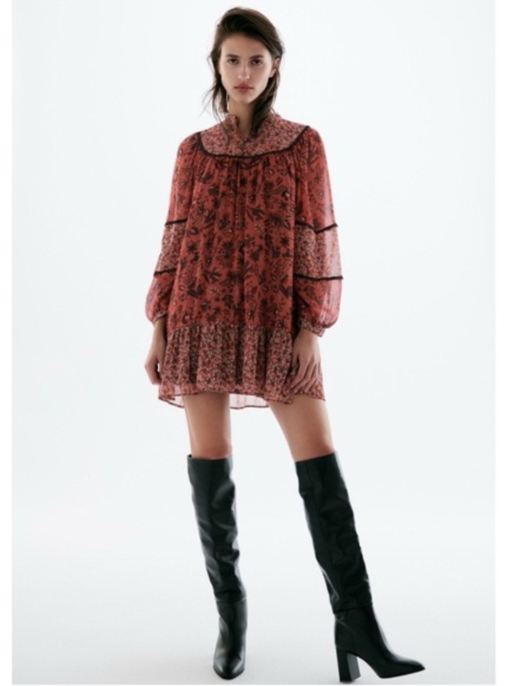 Women's Rust Floral Long-Sleeve Mini Dress size XS
